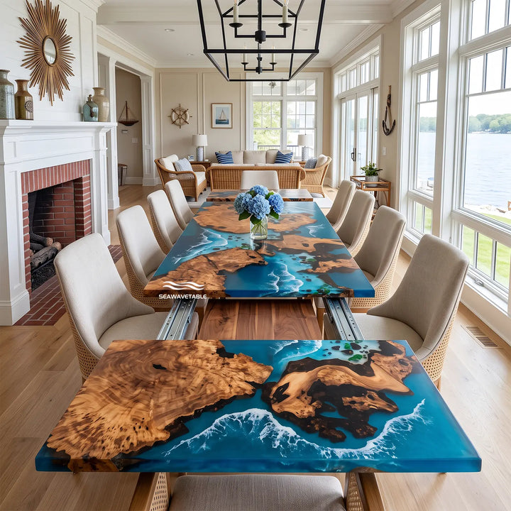 Seawavetable-Handcrafted cunninghamia wood extendable blue ocean epoxy dining table with embedded natural stones