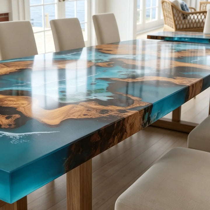 Seawavetable-Extendable epoxy dining table fully pulled out for large group family feasts