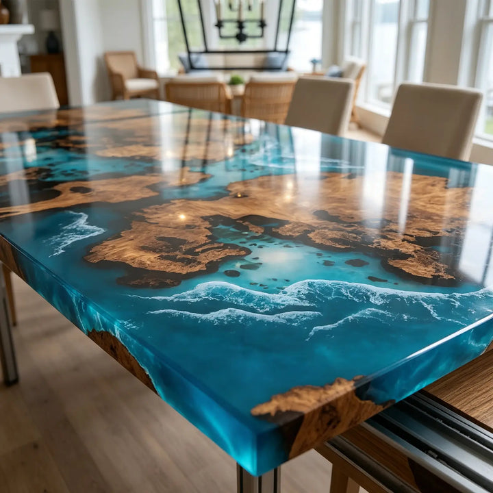 Seawavetable-Compact retracted cunninghamia wood ocean epoxy table for everyday dining