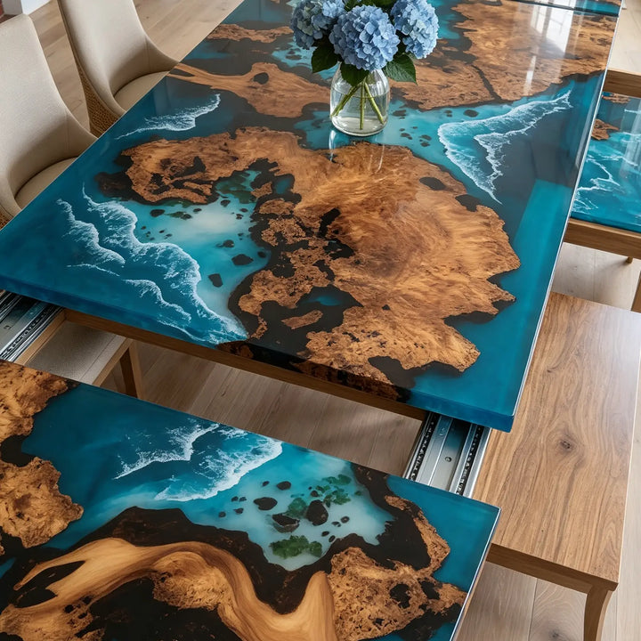 Seawavetable-Straight edge solid wood epoxy table mirror glossy surface ocean scene design