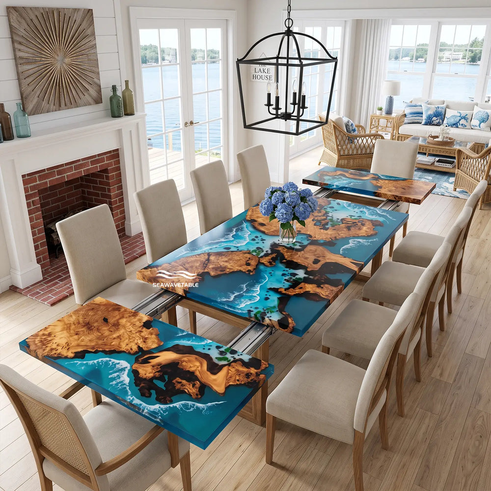 Seawavetable-Custom epoxy dining table straight edge high gloss mirror finish ocean resin with stone inlay