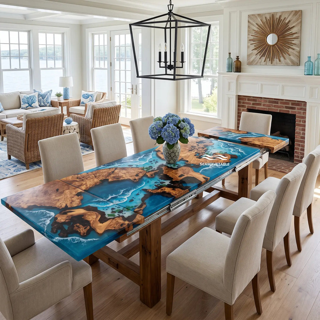 Seawavetable-Expandable cunninghamia wood ocean river epoxy table for family dinner gatherings