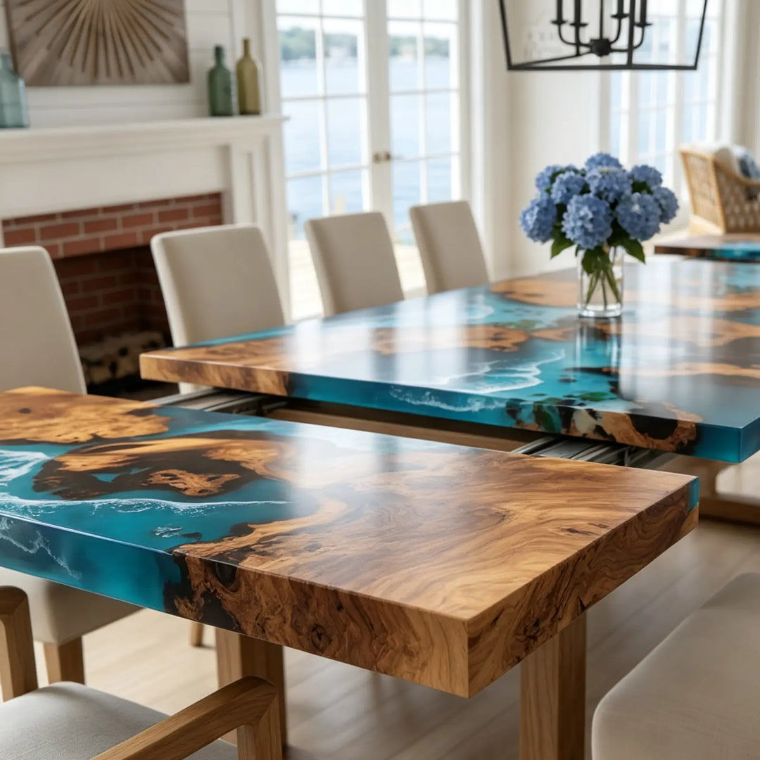 Seawavetable-Blue ocean wave resin dining table fold-out extension leaves natural stone detail