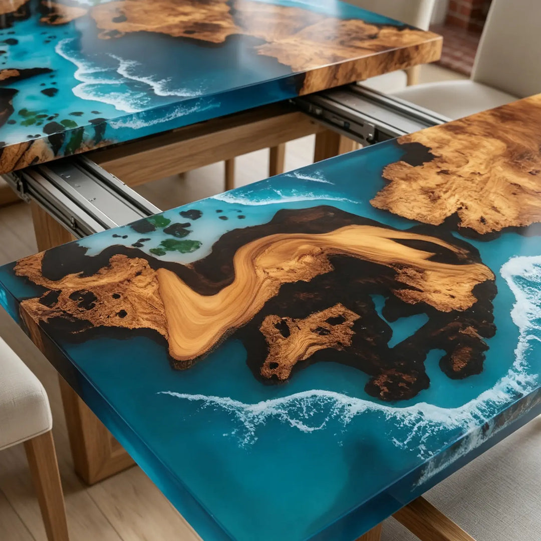 Seawavetable-Artisan solid cunninghamia wood epoxy table coastal style dining room centerpiece