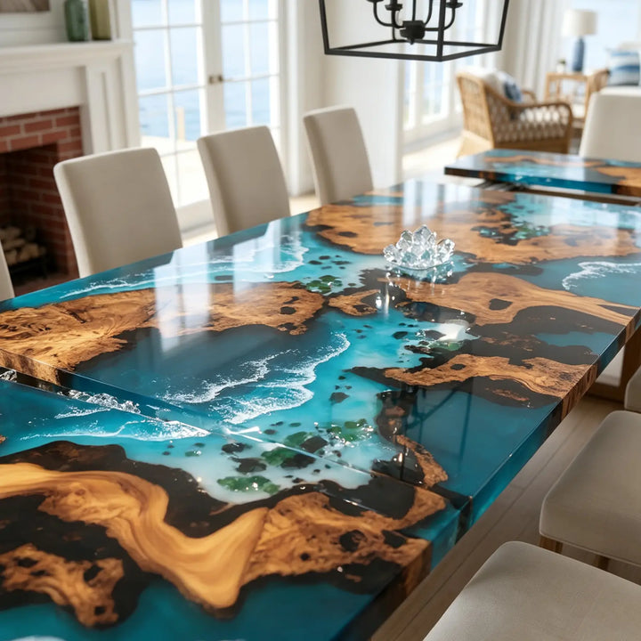 Seawavetable-Cunninghamia wood slab dining table blue ocean resin inlaid tiny natural stones