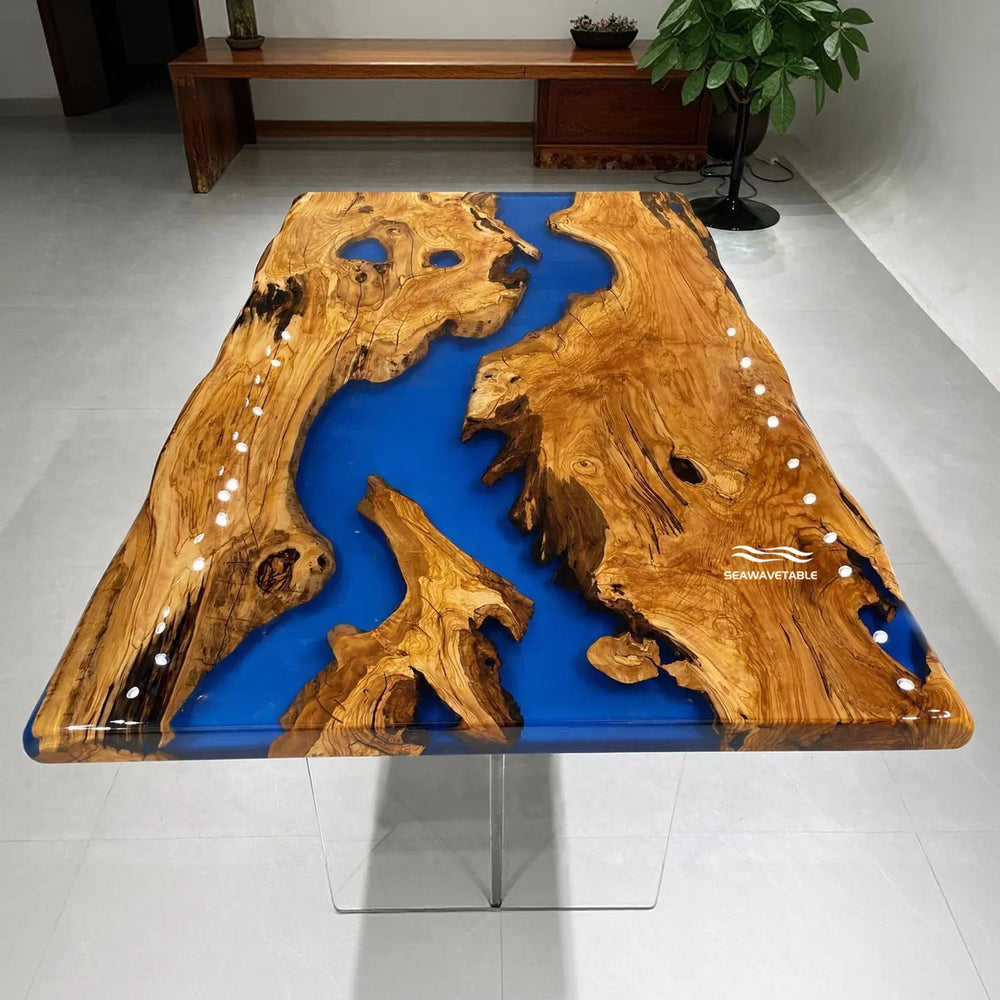 Seawavetable‑Handcrafted epoxy river table solid olive wood natural live‑edge luxury dining room centerpiece