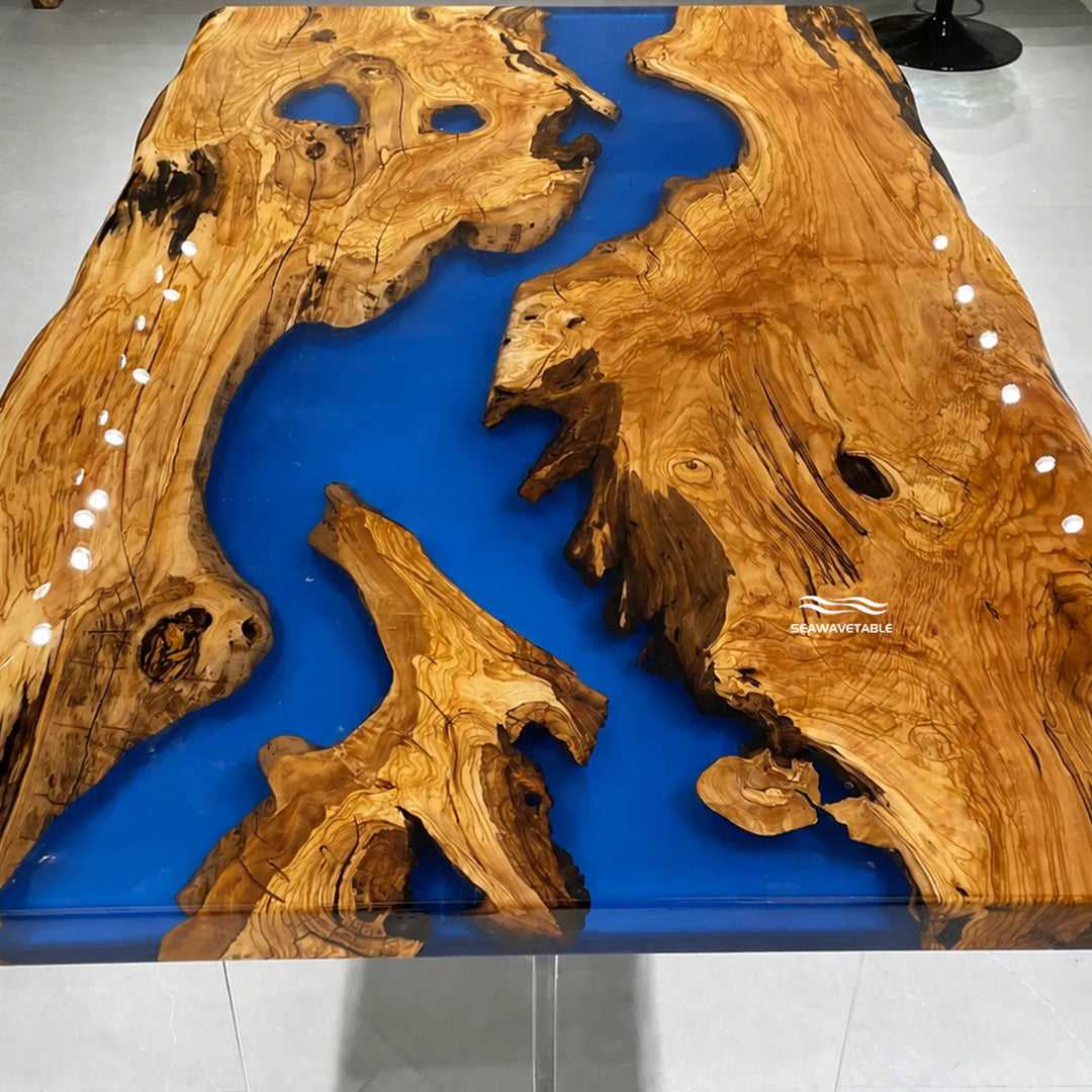 Seawavetable‑Upscale blue epoxy river table olive wood live‑edge large‑format family dining surface