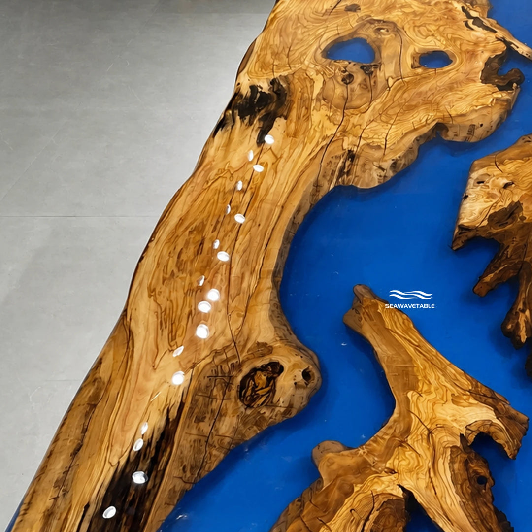 Seawavetable‑High‑gloss polished epoxy table olive wood natural knot grain live‑edge blue river inlay