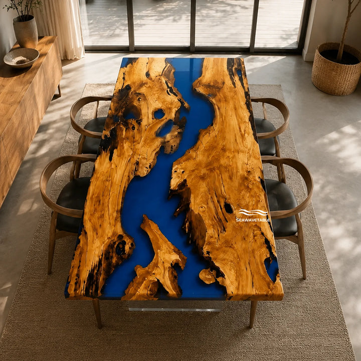 Seawavetable‑Premium olive wood epoxy table organic live‑edge bold blue resin river high‑gloss dining furniture