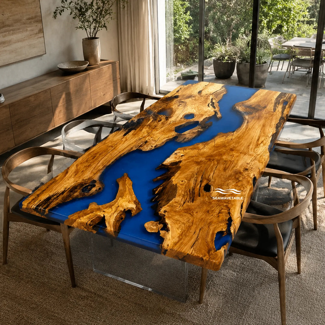 Seawavetable‑Luxury live‑edge epoxy dining table olive wood with vibrant royal blue epoxy river high‑gloss finish