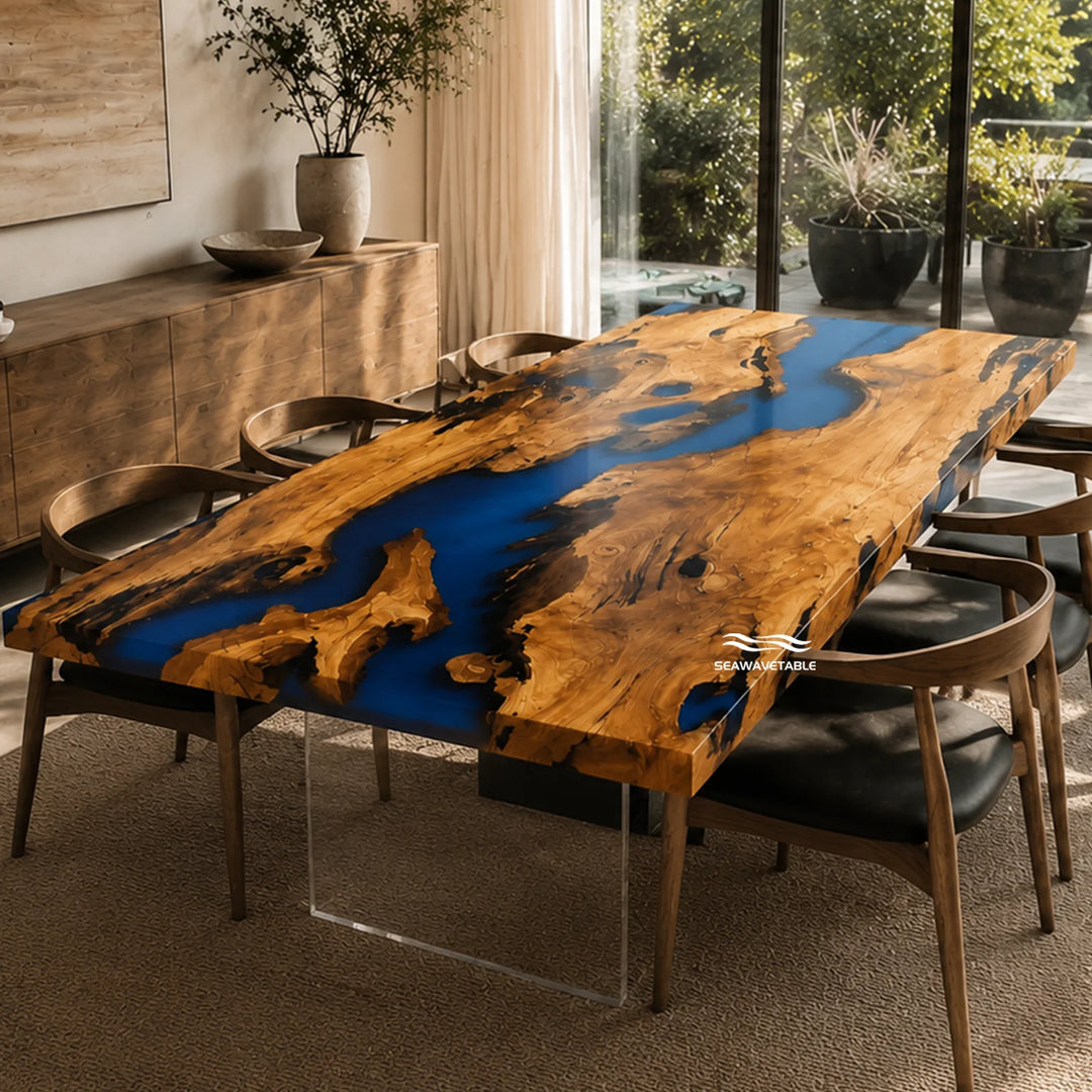 Seawavetable‑Modern statement epoxy table live‑edge olive wood winding blue epoxy river dining tabletop