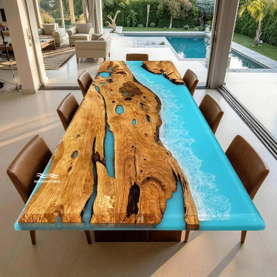 Seawavetable-Olive wood blue epoxy dining table with ocean wave resin details