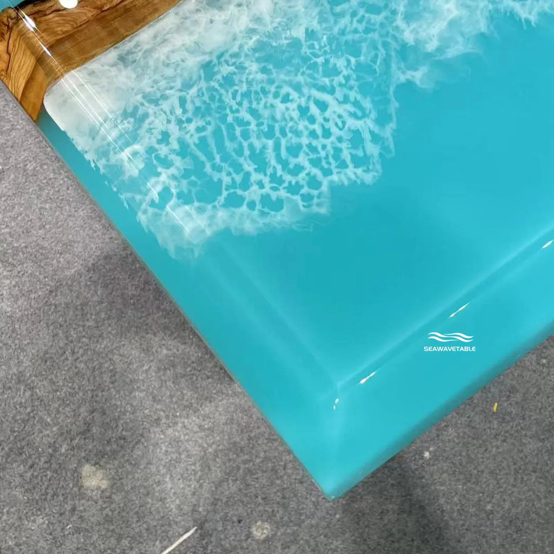 Seawavetable-High-gloss blue epoxy river table with white wave foam