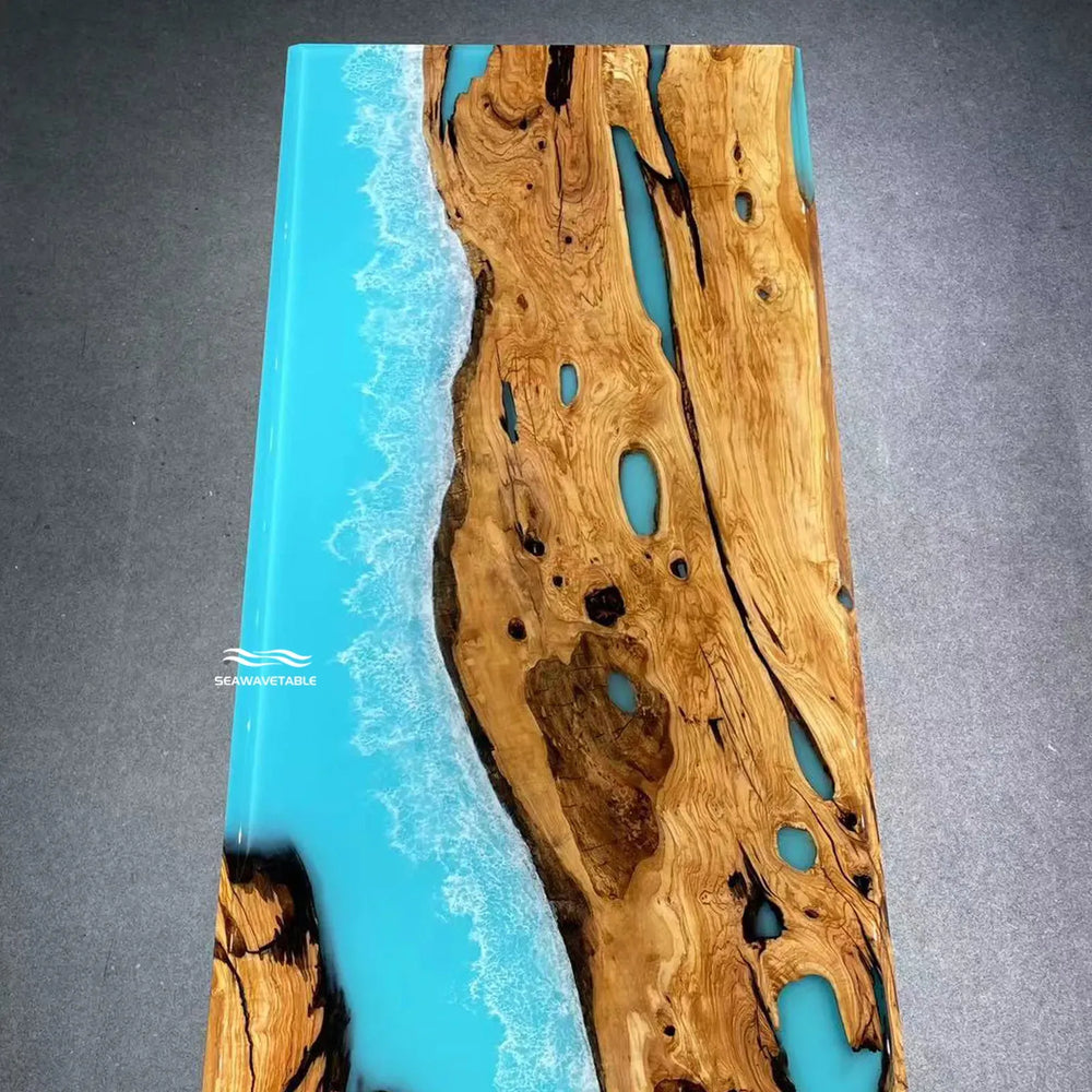 Seawavetable-High-gloss mirror finish olive wood epoxy river table