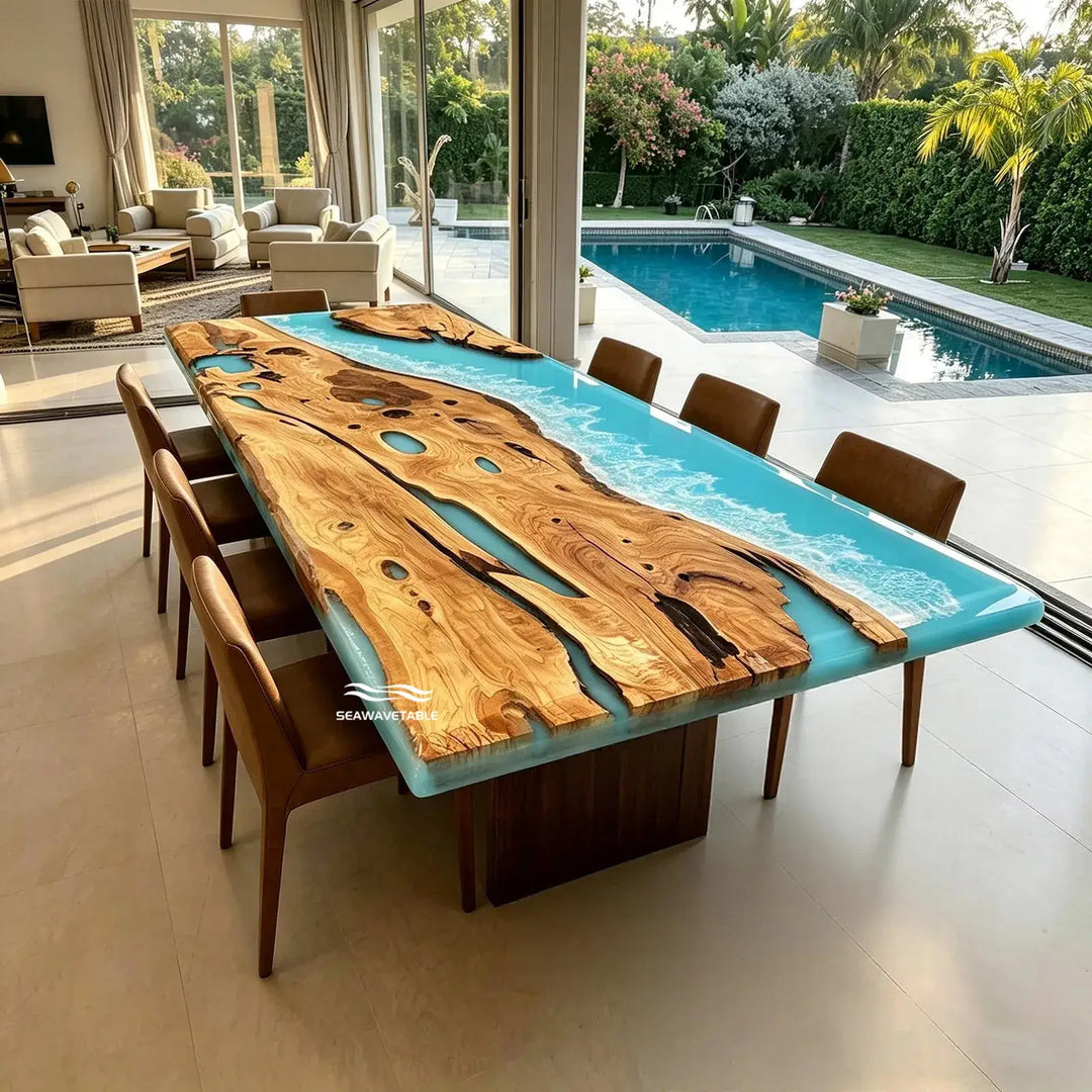 Seawavetable-California coastal olive wood blue resin dining table