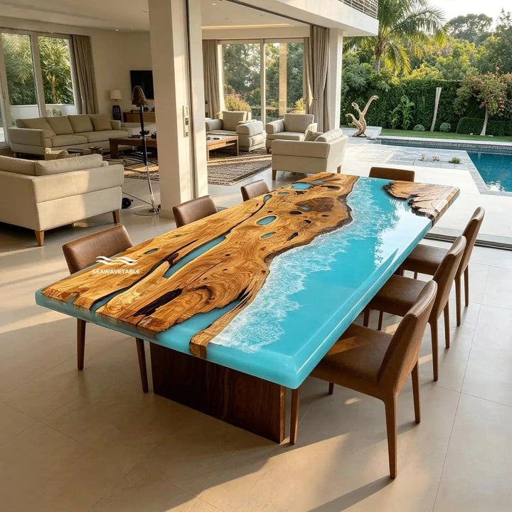 Seawavetable-Handcrafted ocean wave olive wood epoxy table