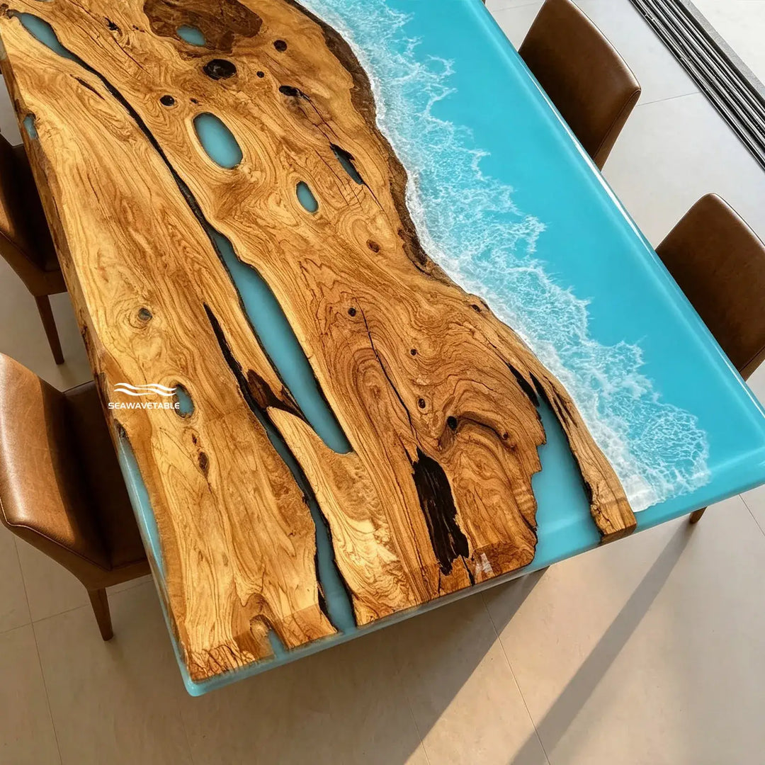 Seawavetable-Vivid blue epoxy river table with olive wood grain
