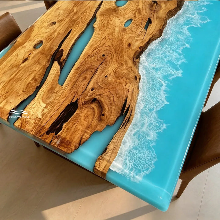 Seawavetable-Ocean wave resin art olive wood epoxy table