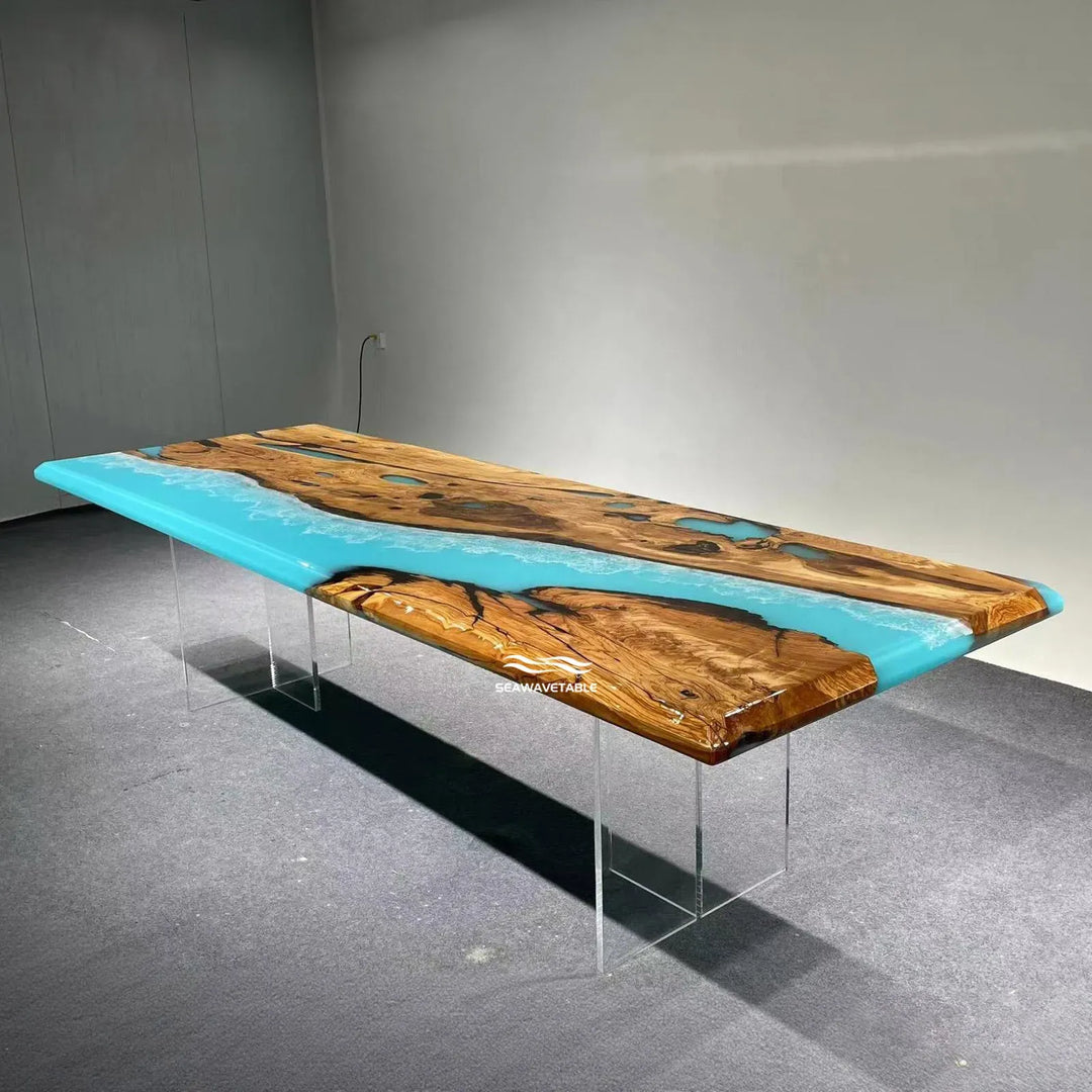 Seawavetable-Straight edge olive wood blue epoxy dining table