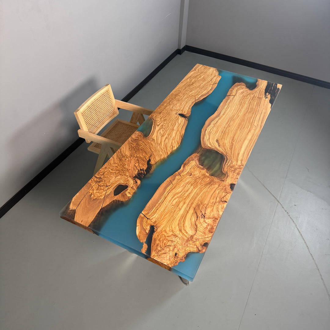 Seawavetable 29.5"x77" Handcrafted Epoxy River Table with Olive Wood in-Stock