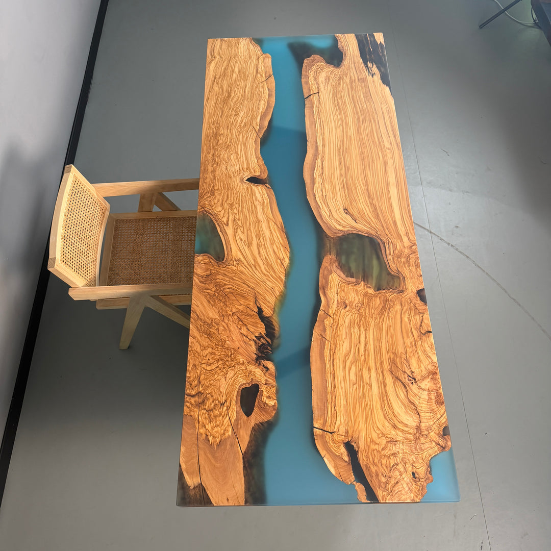 Seawavetable 29.5"x77" Handcrafted Epoxy River Table with Olive Wood in-Stock