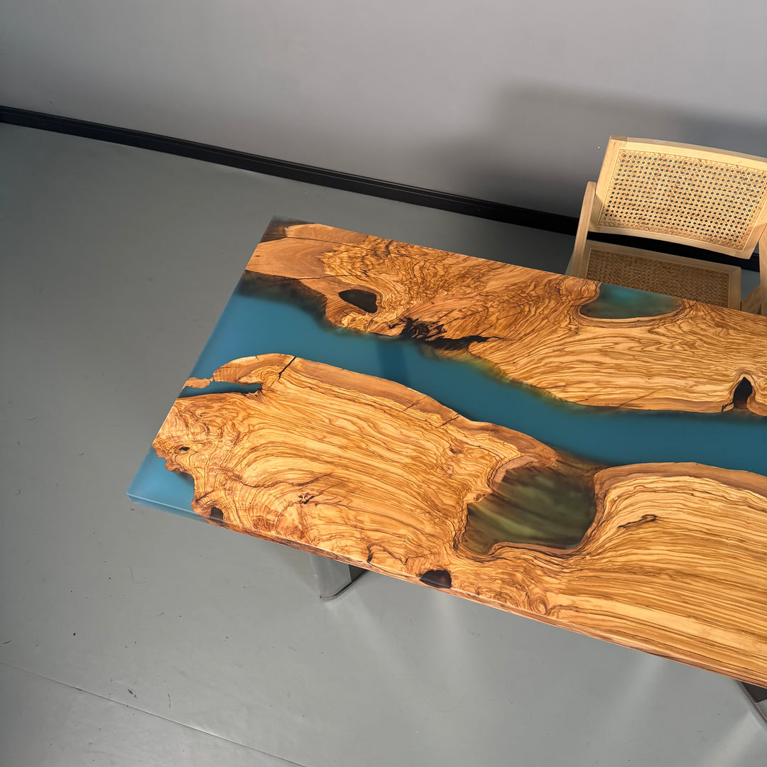 Seawavetable 29.5"x77" Handcrafted Epoxy River Table with Olive Wood in-Stock