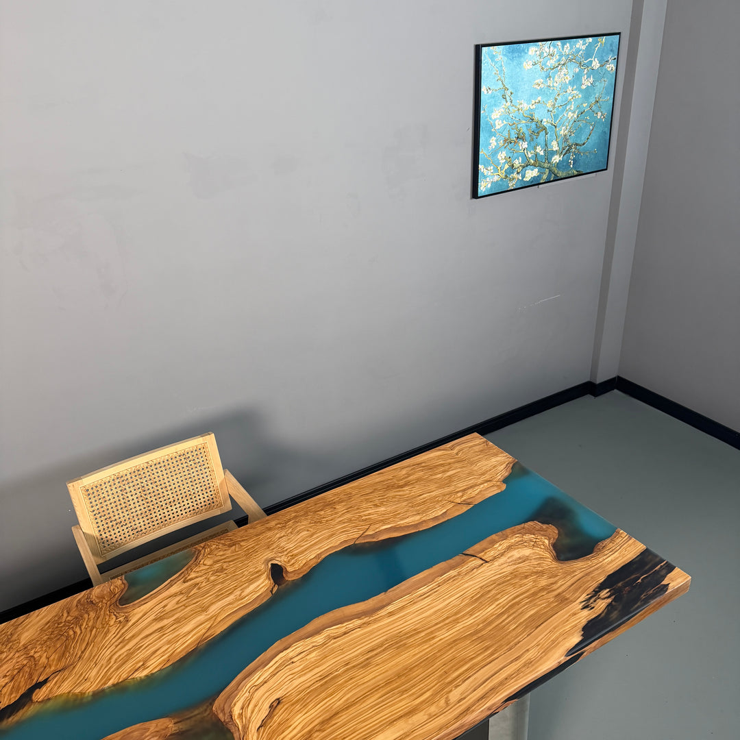 Seawavetable 29.5"x77" Handcrafted Epoxy River Table with Olive Wood in-Stock