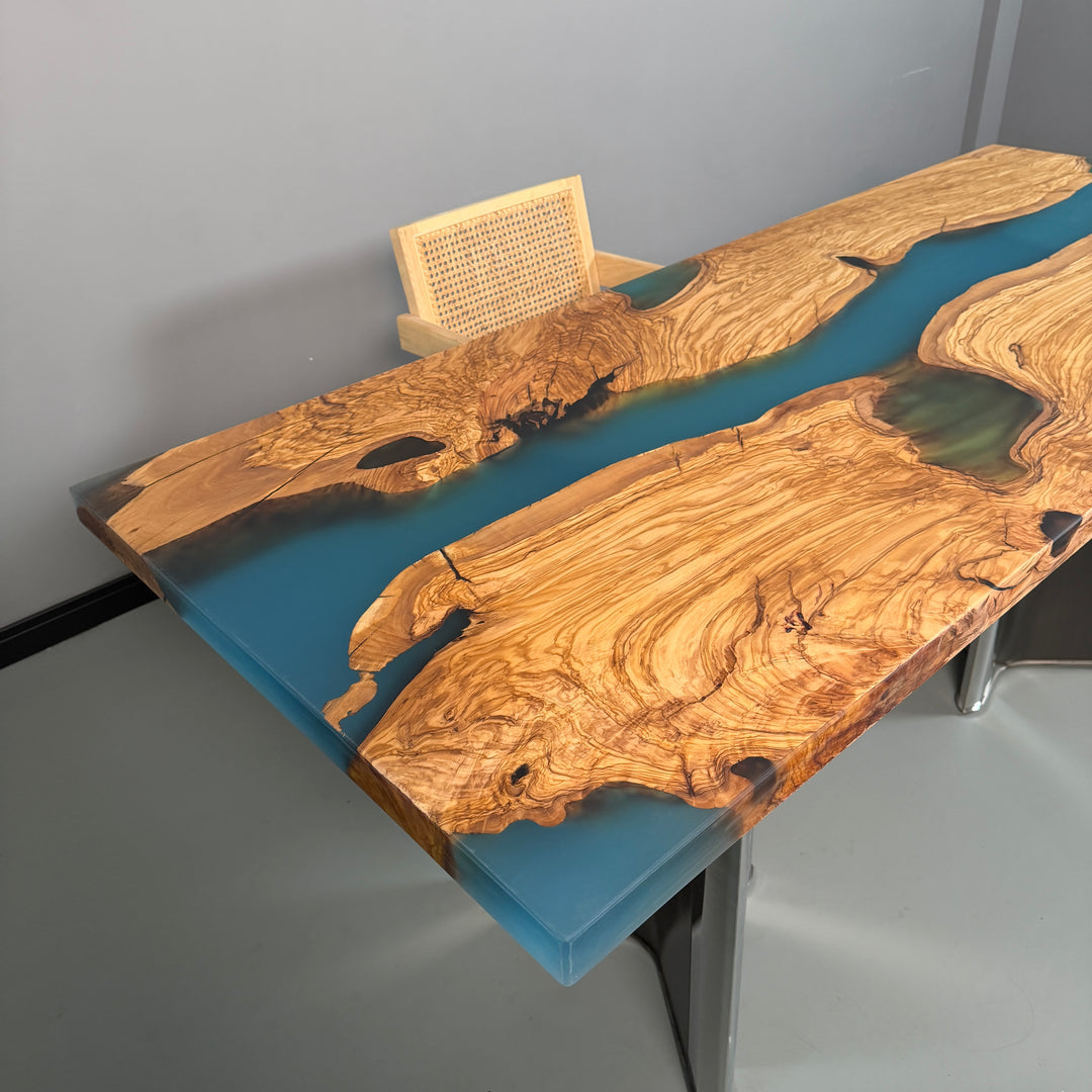 Seawavetable 29.5"x77" Handcrafted Epoxy River Table with Olive Wood in-Stock