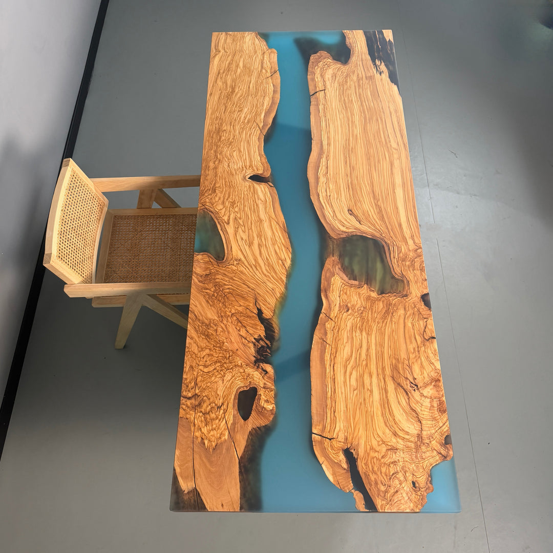 Seawavetable 29.5"x77" Handcrafted Epoxy River Table with Olive Wood in-Stock