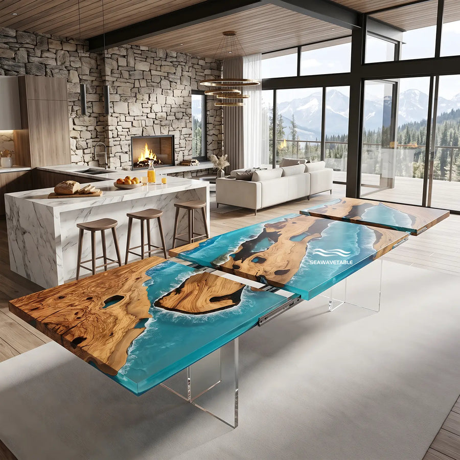 Seawavetable-Handcrafted solid olive wood extendable dining table blue ocean wave epoxy clean straight edge high gloss