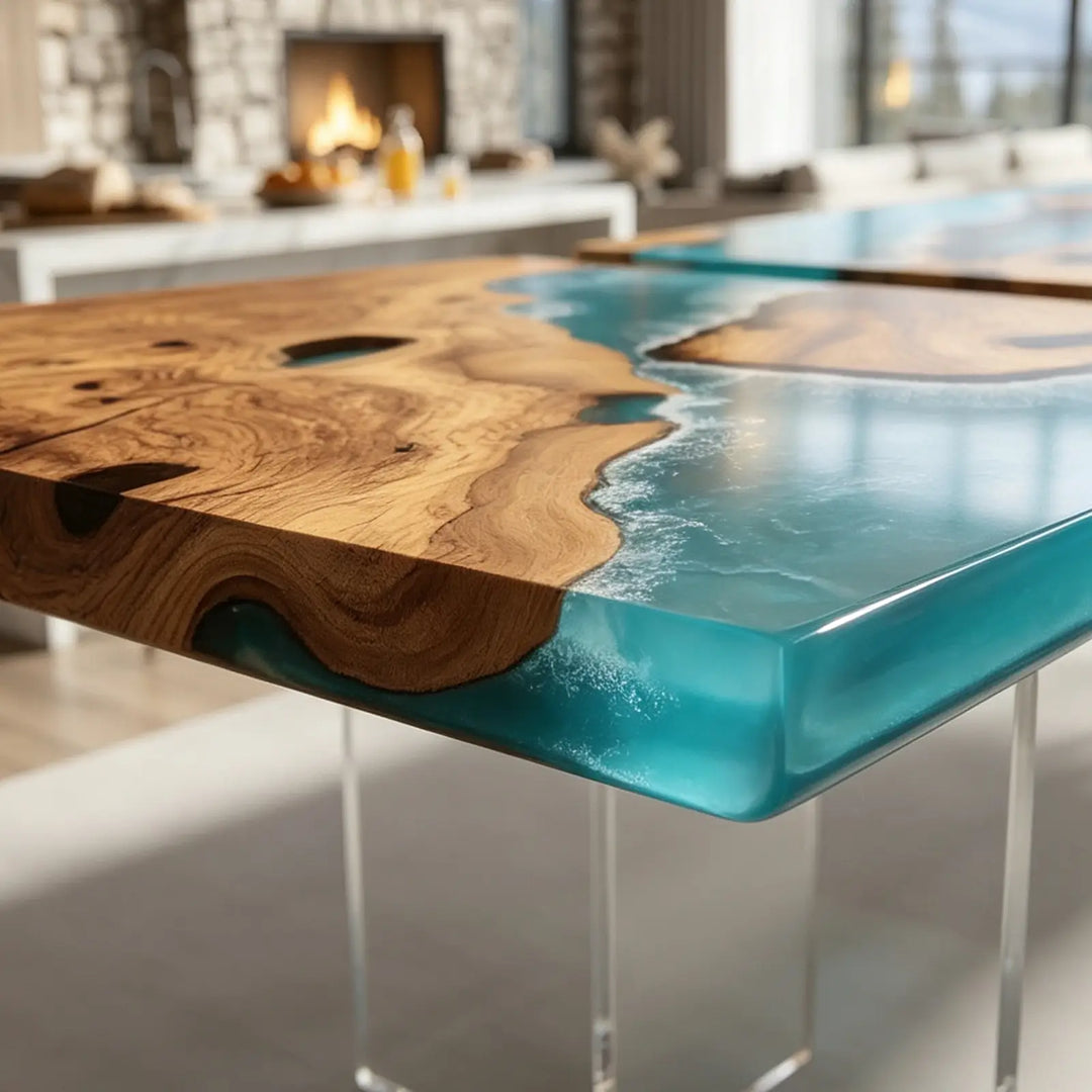 Seawavetable-Heavy duty fold out olive wood extendable epoxy table blue wave resin family dining table