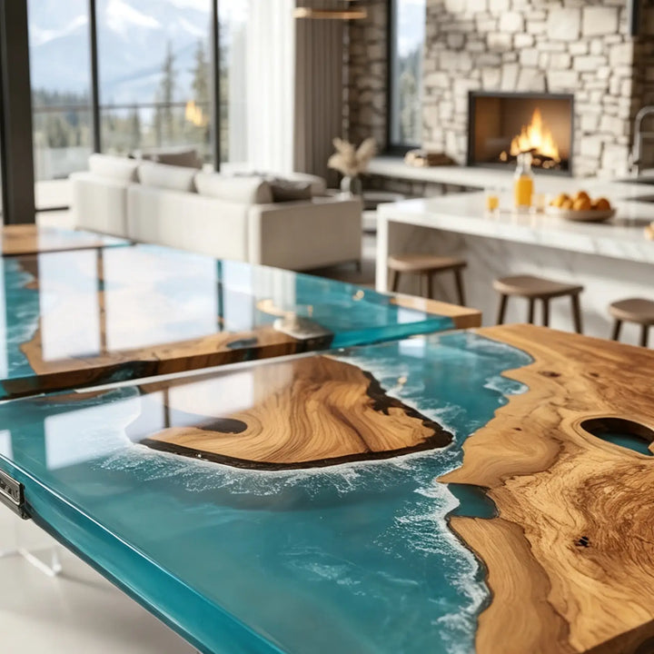 Seawavetable-Statement solid olive wood extendable epoxy dining table mirror high gloss blue ocean wave resin