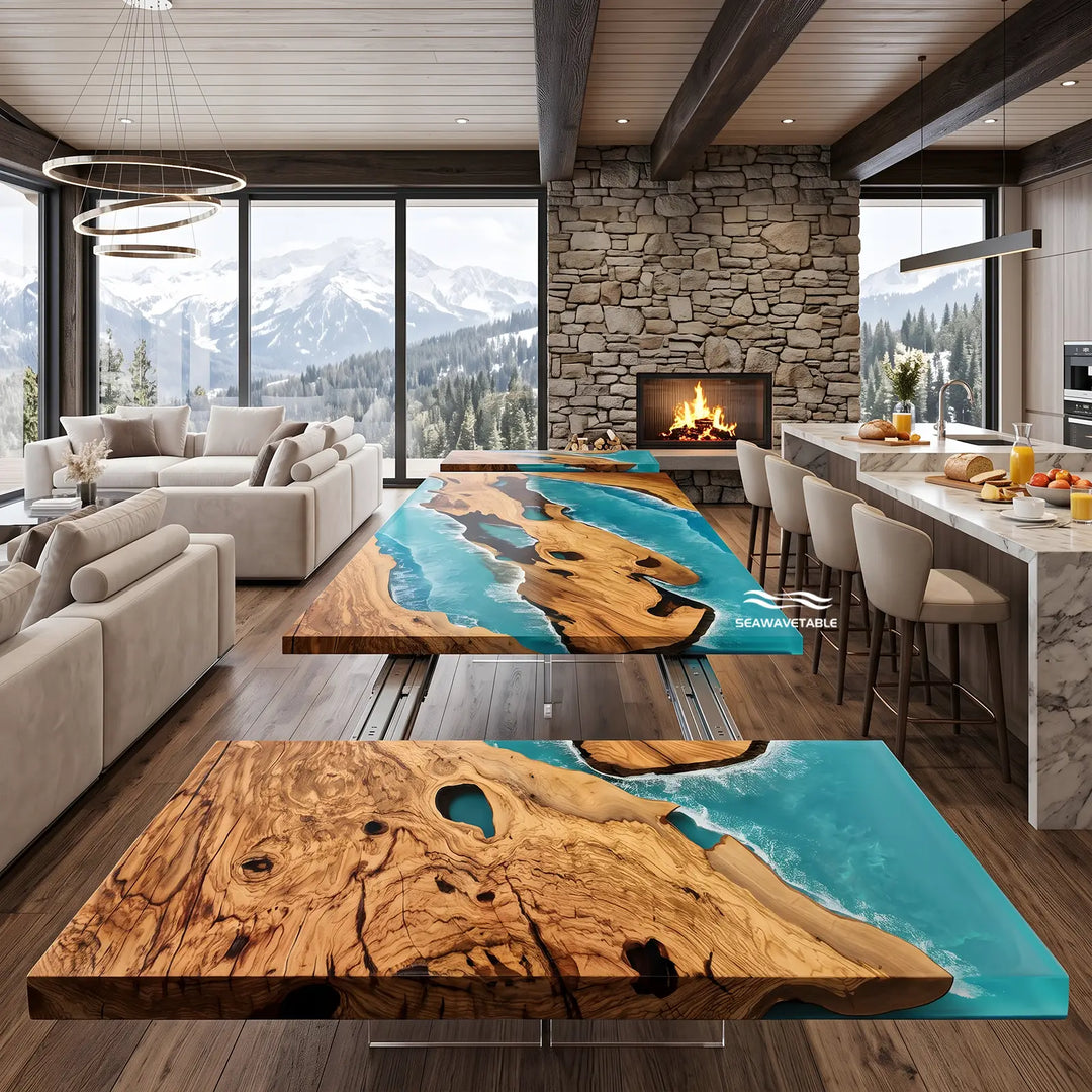 Seawavetable-Custom olive wood epoxy extendable dining table blue wave resin mirror finish for family gatherings