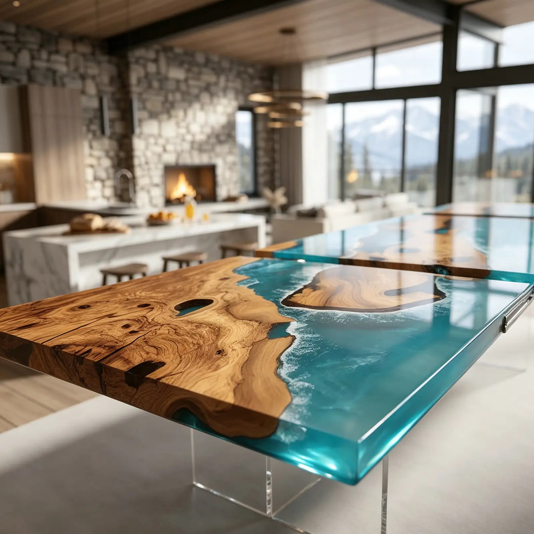 Seawavetable-High gloss mirror finish olive wood epoxy extendable table straight edge dining centerpiece