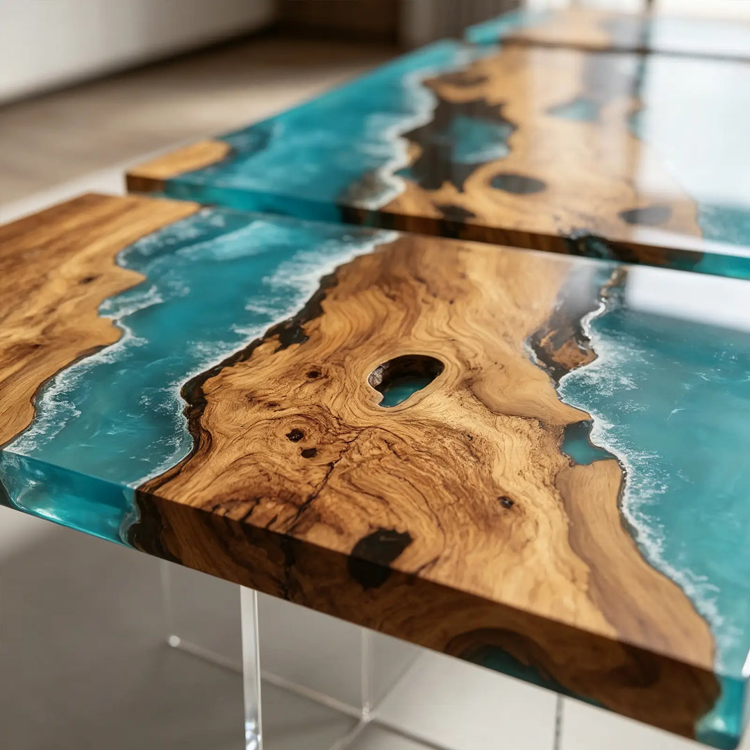 Seawavetable-Handmade solid olive wood river epoxy extendable table for dinner parties and home entertaining