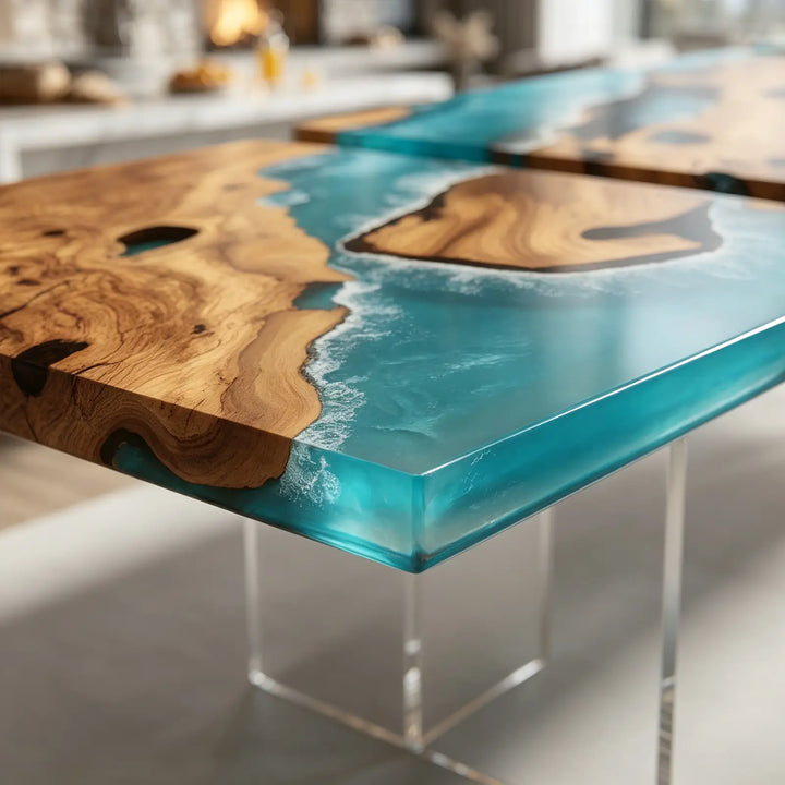 Seawavetable-Straight edge olive wood epoxy extendable table waterproof high gloss resin tabletop