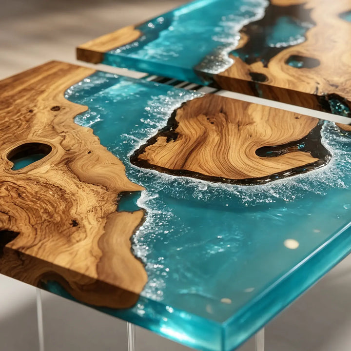Seawavetable-Large olive wood extendable epoxy dining table seamless blue wave resin across extension leaves