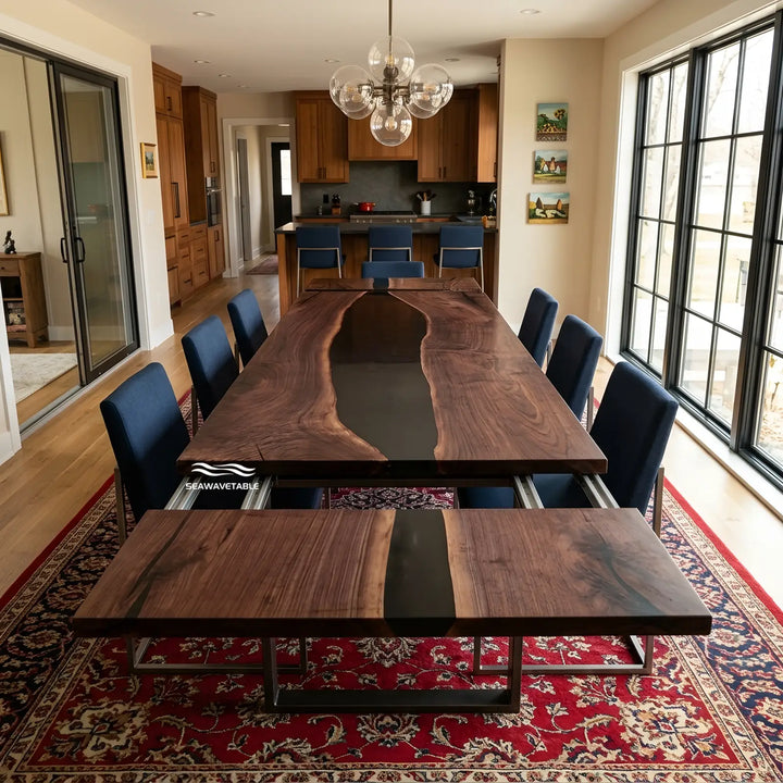 Seawavetable-Solid black walnut extendable dining river table, opaque black epoxy, clean straight edge, full matte finish for family gatherings