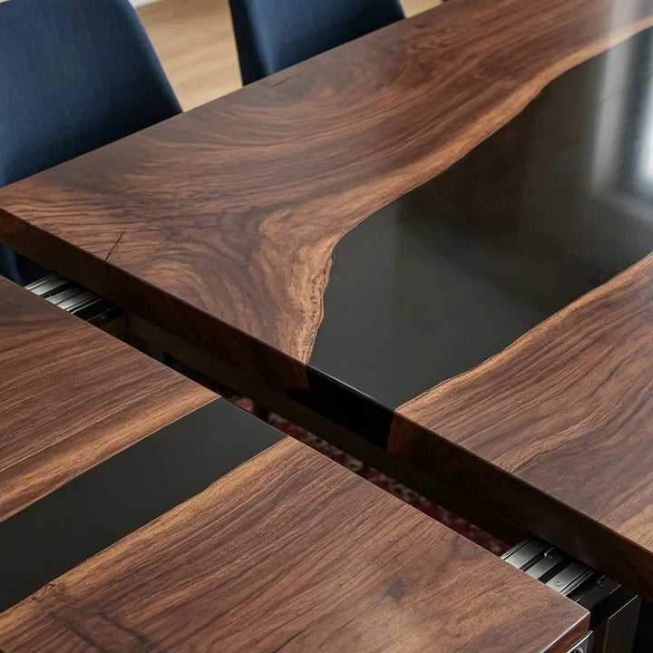 Seawavetable-Heavy duty concealed hardware extendable table, fold-out leaf mechanism of black epoxy river table