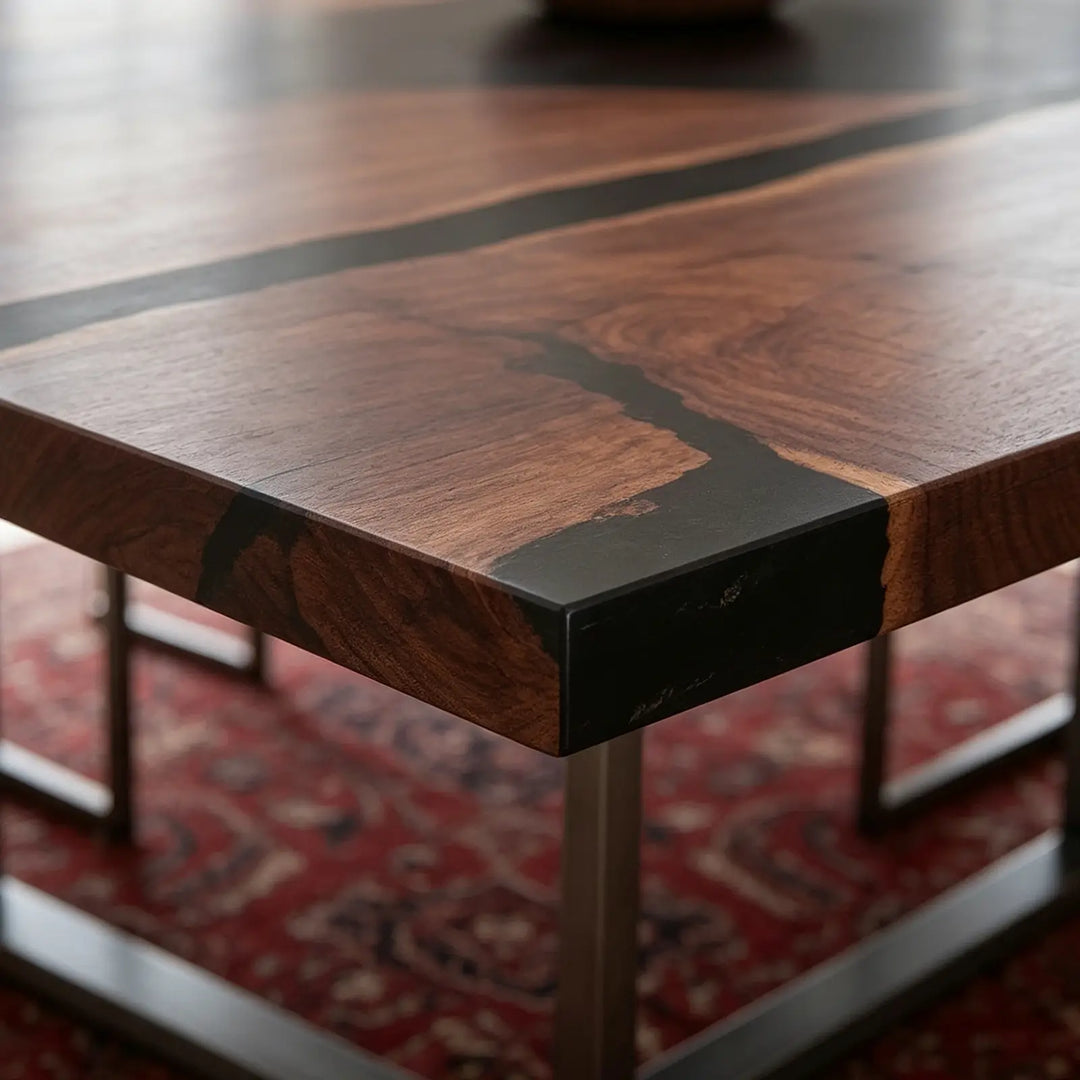 Seawavetable-Clean straight edge black walnut river table, opaque black epoxy art for mid-century modern dining space