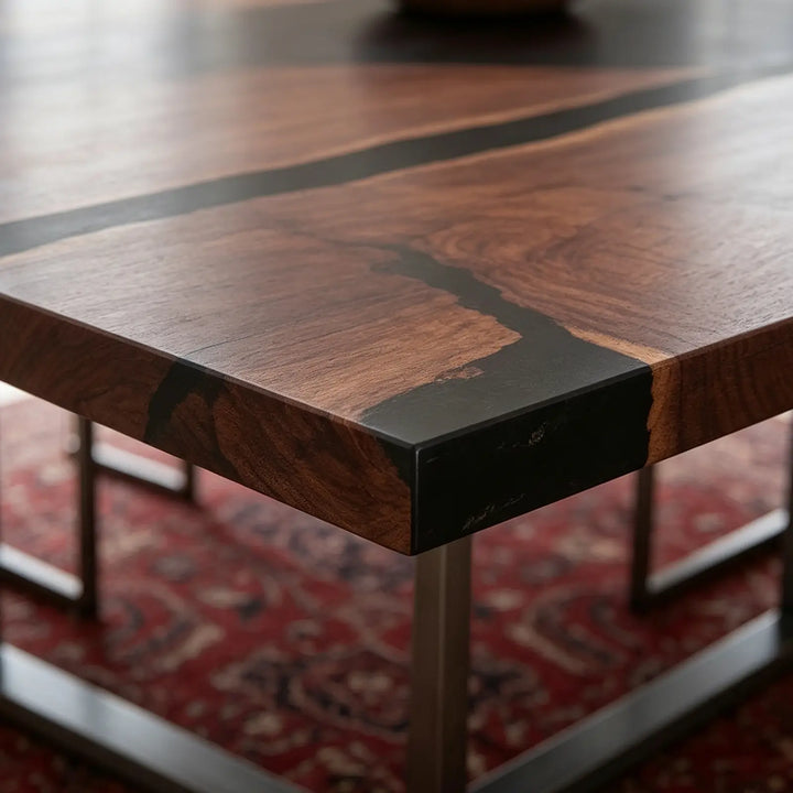 Seawavetable-Clean straight edge black walnut river table, opaque black epoxy art for mid-century modern dining space