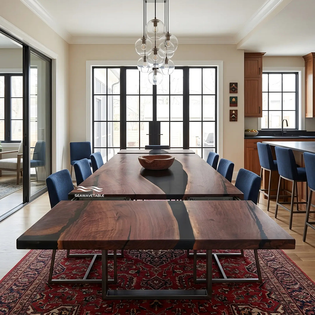 Seawavetable-Handcrafted black walnut expandable river table, dual-side fold-out leaves with seamless black epoxy river
