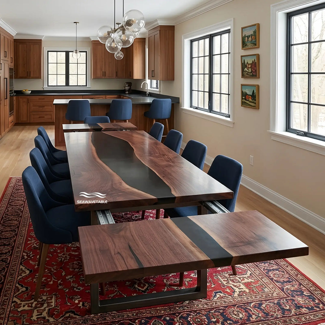 Seawavetable-Luxury extendable epoxy dining table, full matte finish, straight edge black walnut slab tabletop