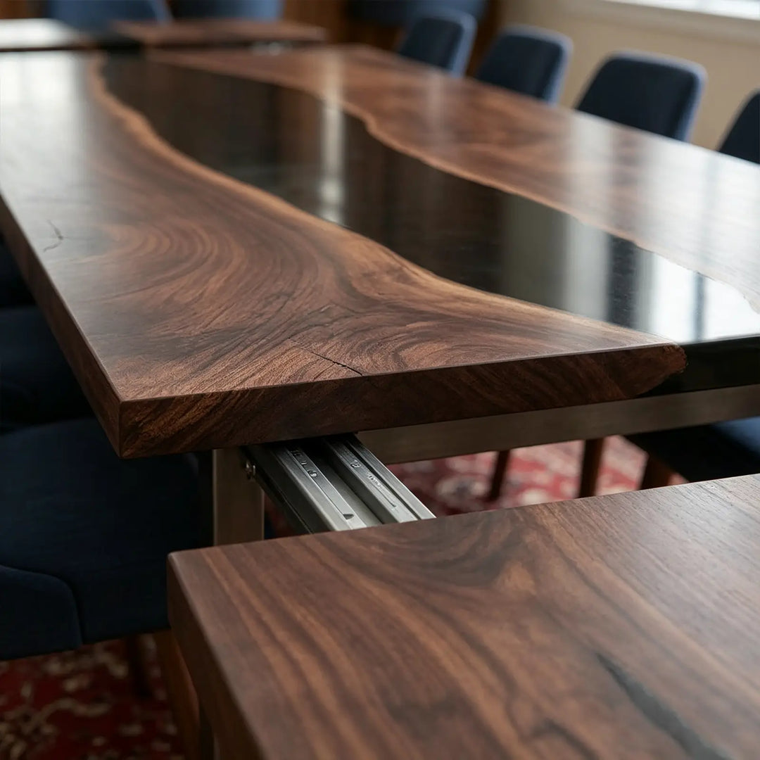 Seawavetable-Premium kiln dried solid black walnut extendable table, continuous opaque black resin river