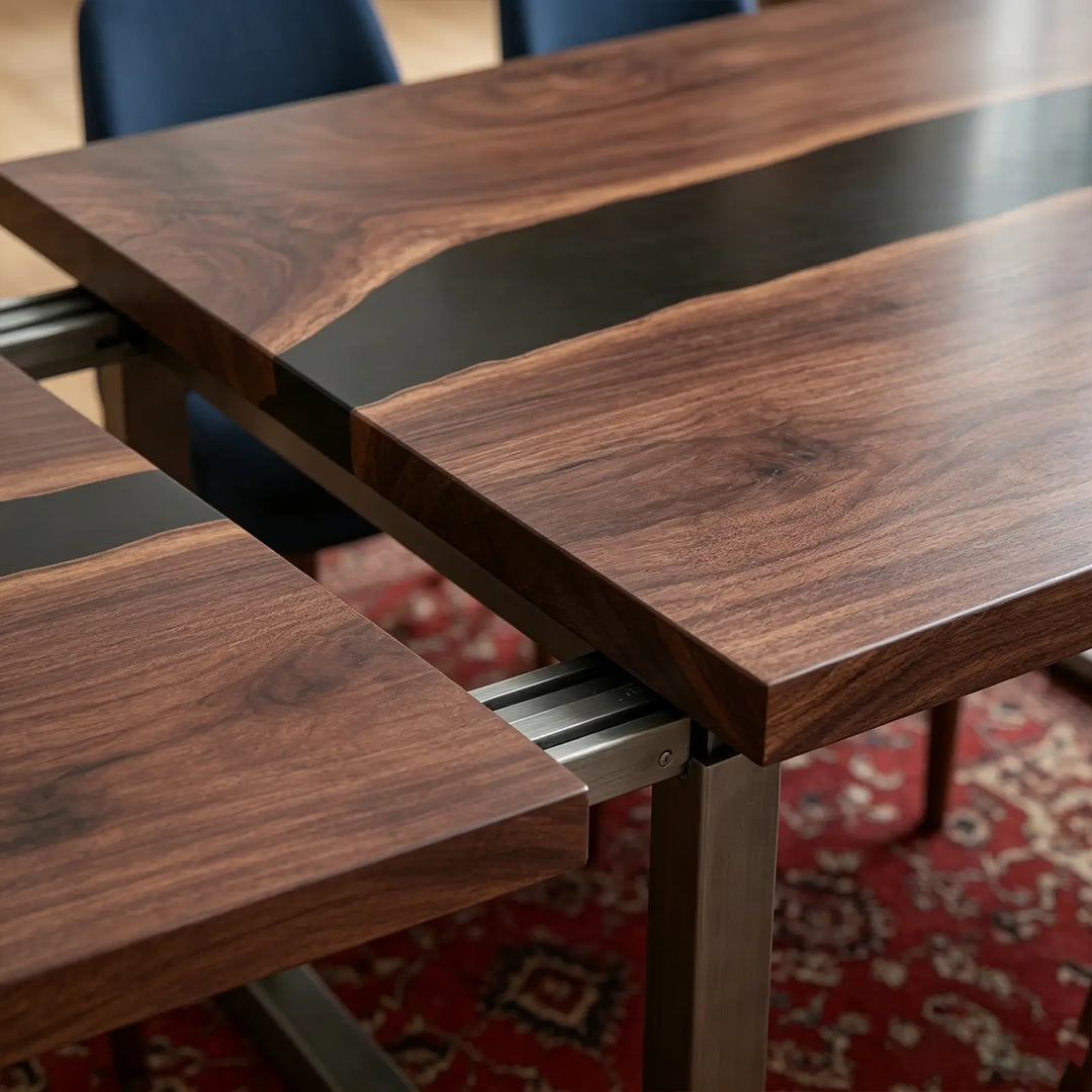 Seawavetable-Full matte black walnut epoxy table, fully extended for family dinner in modern dining room
