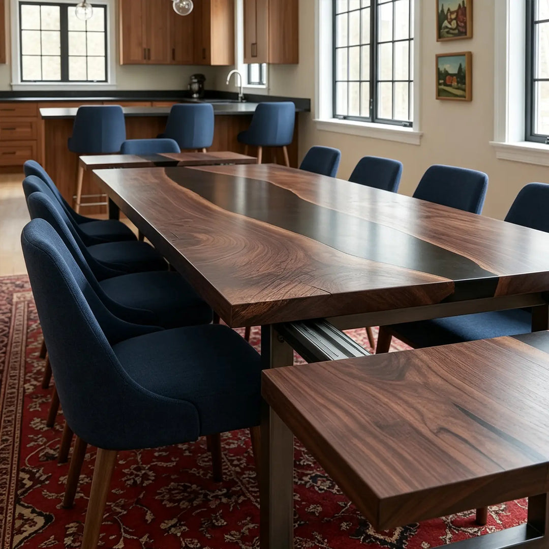 Seawavetable-Custom expandable river dining table, matching black walnut and black epoxy fold-out extension leaves