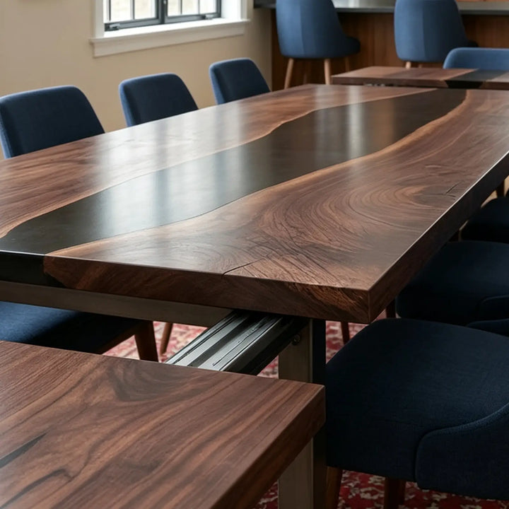Seawavetable-Minimalist black walnut dining centerpiece, opaque black flowing epoxy resin, matte surface