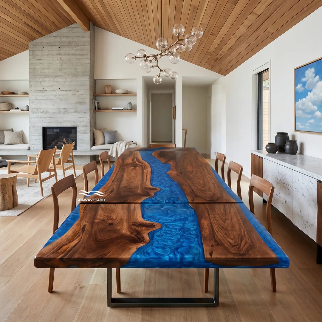 Seawavetable- solid black walnut extendable river dining table bright blue river epoxy high gloss straight edge