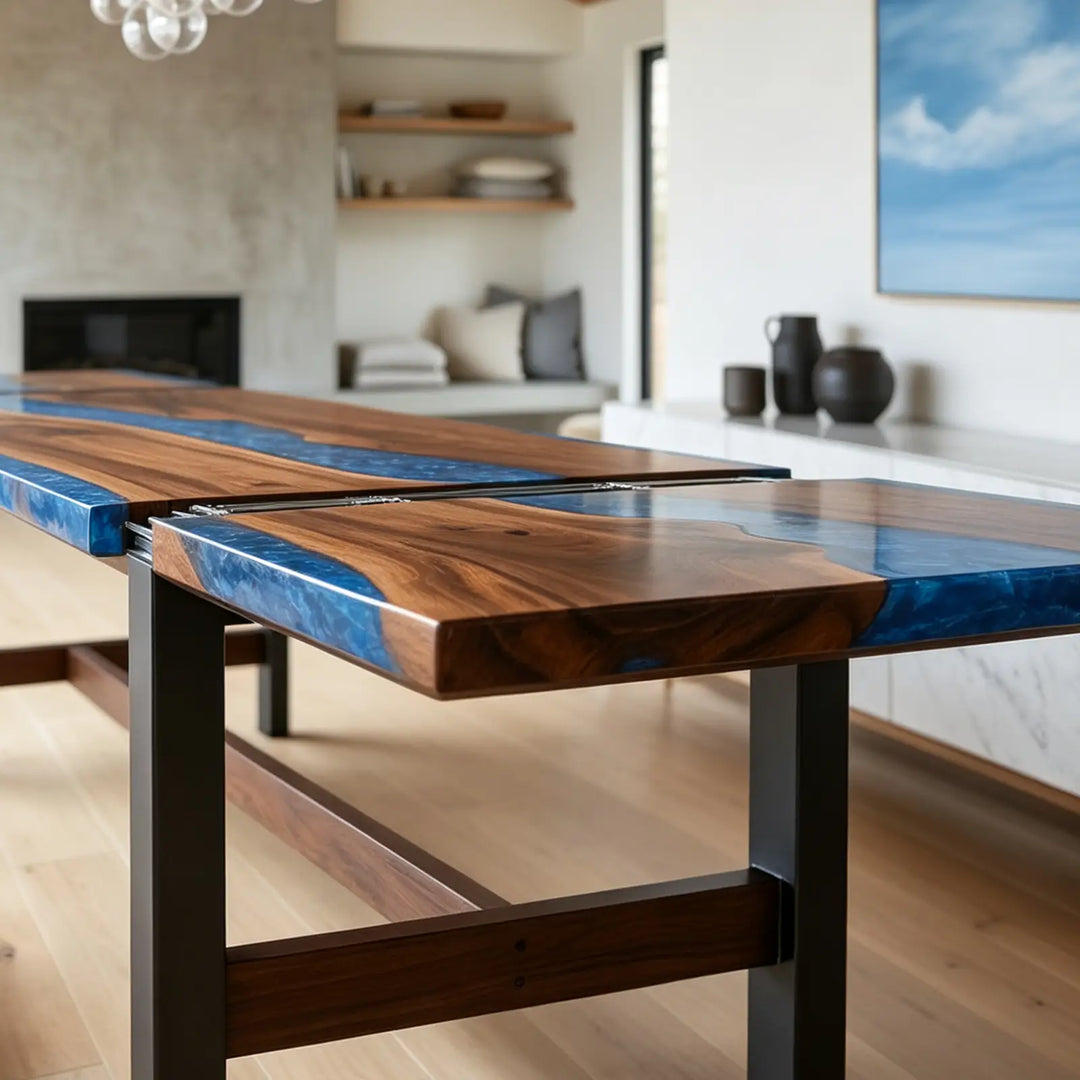 Seawavetable- straight edge solid black walnut epoxy river table fully extended setup