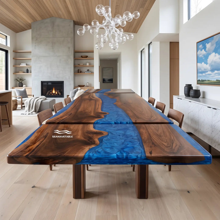 Seawavetable- custom epoxy river extendable dining table designed for large family gatherings